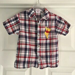 Vintage Winnie The Pooh Plaid Short Sleeve Button Down Shirt Kids Size 24 Months